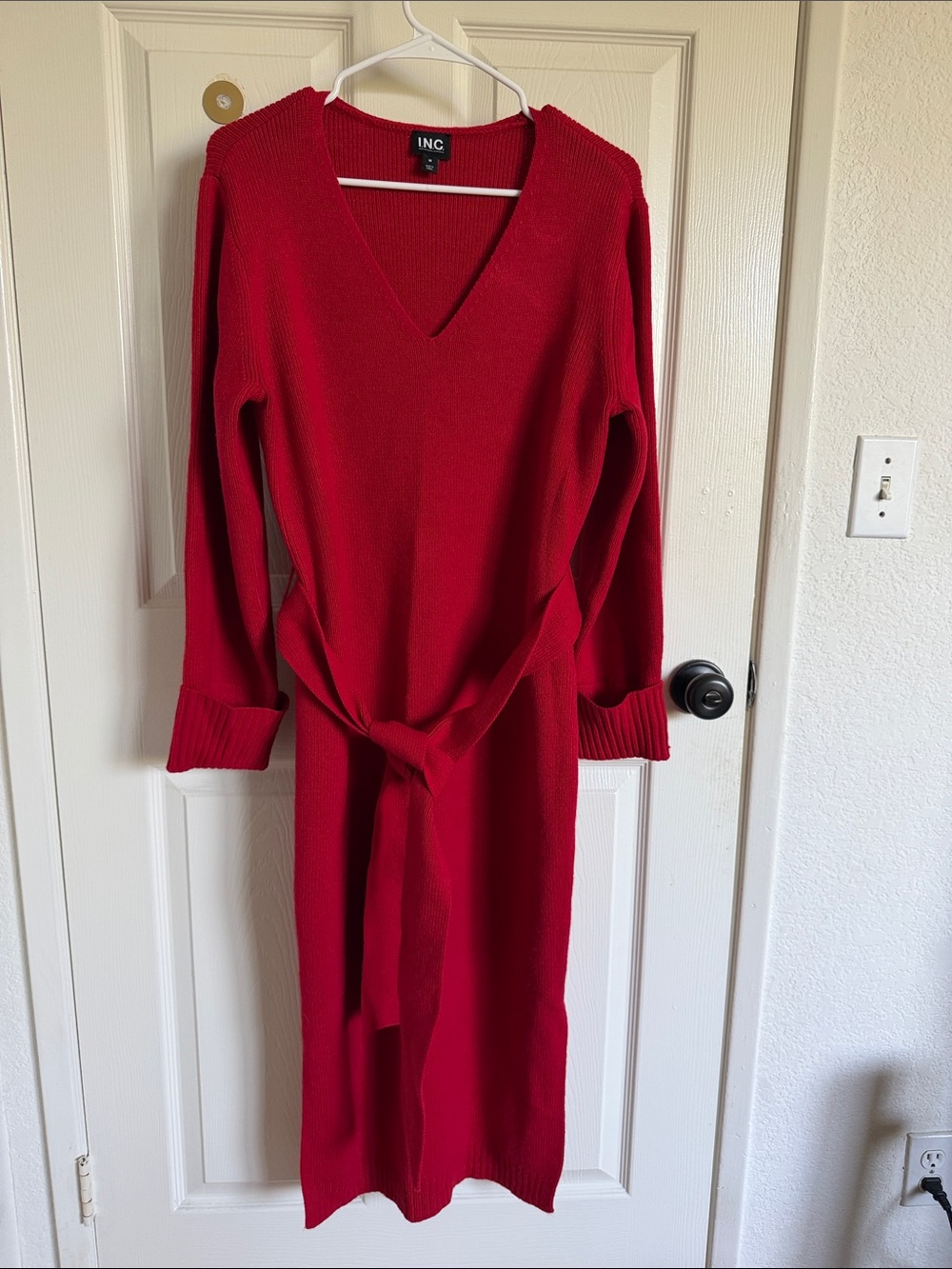 INC International Concepts Red V-Neck Knit Belted Midi Dress